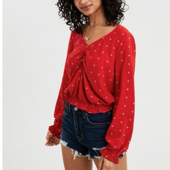 American Eagle Outfitters Red Cream Floral V Neck Ruched Boho Blouse Size XS - Picture 1 of 15